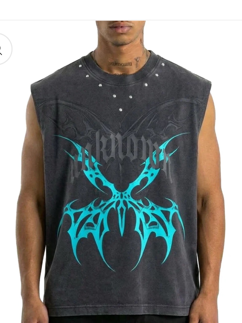 UNKNOWN.  Men's Sleeveless Graphic Tank Top - Black with Teal Print